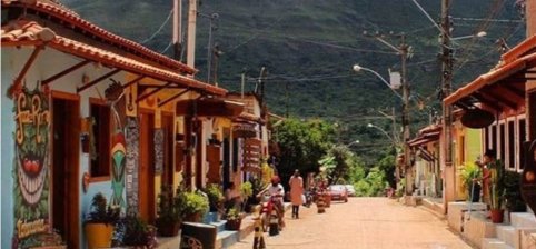 Small colorful village street in mountains